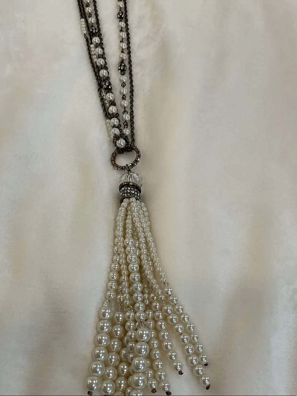 Chico's Cream Pearl Tassel Necklace with Antique Gold Chains